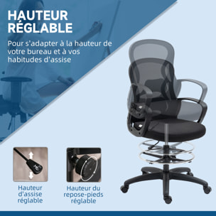 Fauteuil de bureau chaise de bureau assise haute réglable dim. 59L x 65l x 109-124H cm pivotant 360° maille respirante noir