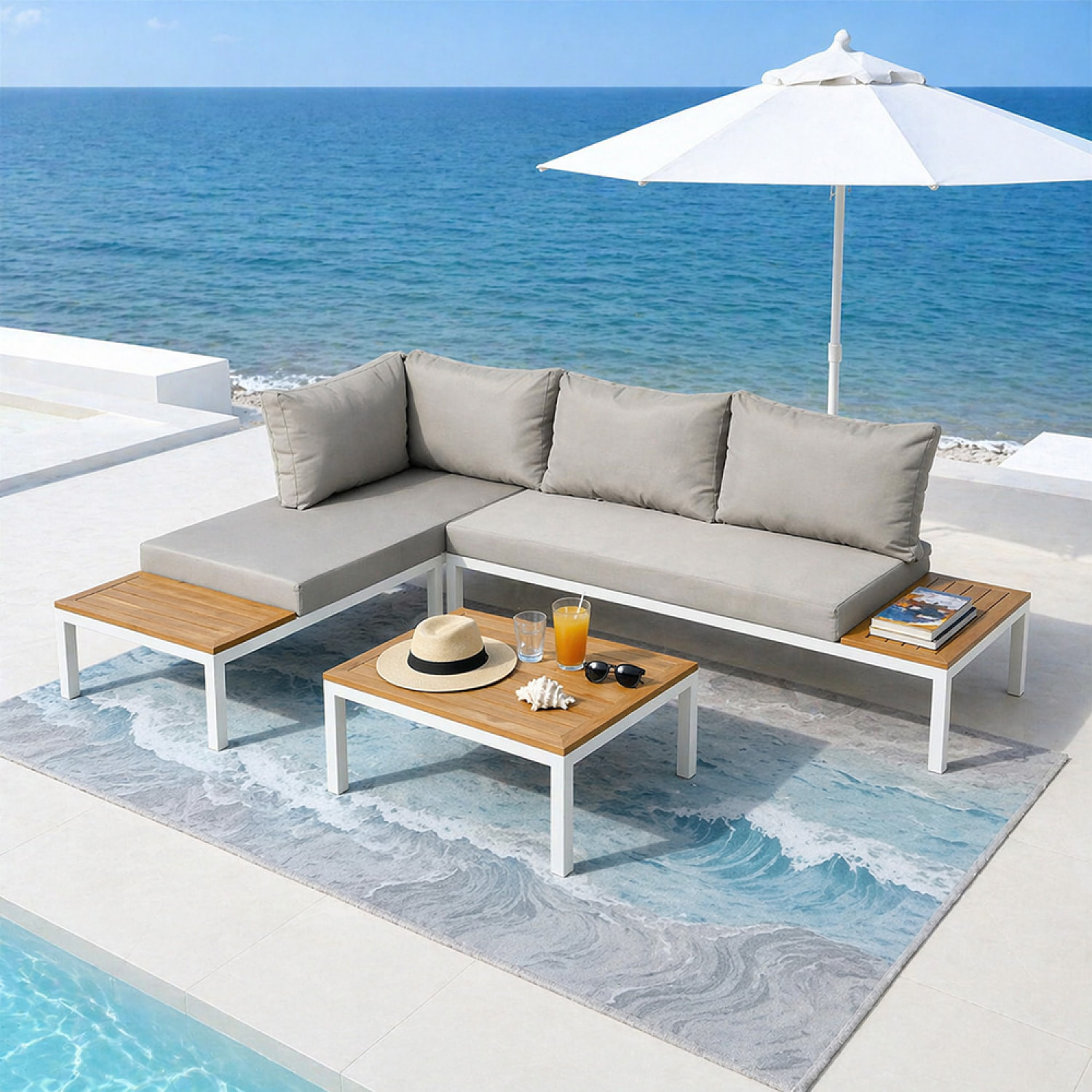 Salon de jardin 3-4 places avec table basse blanc et gris CANEE