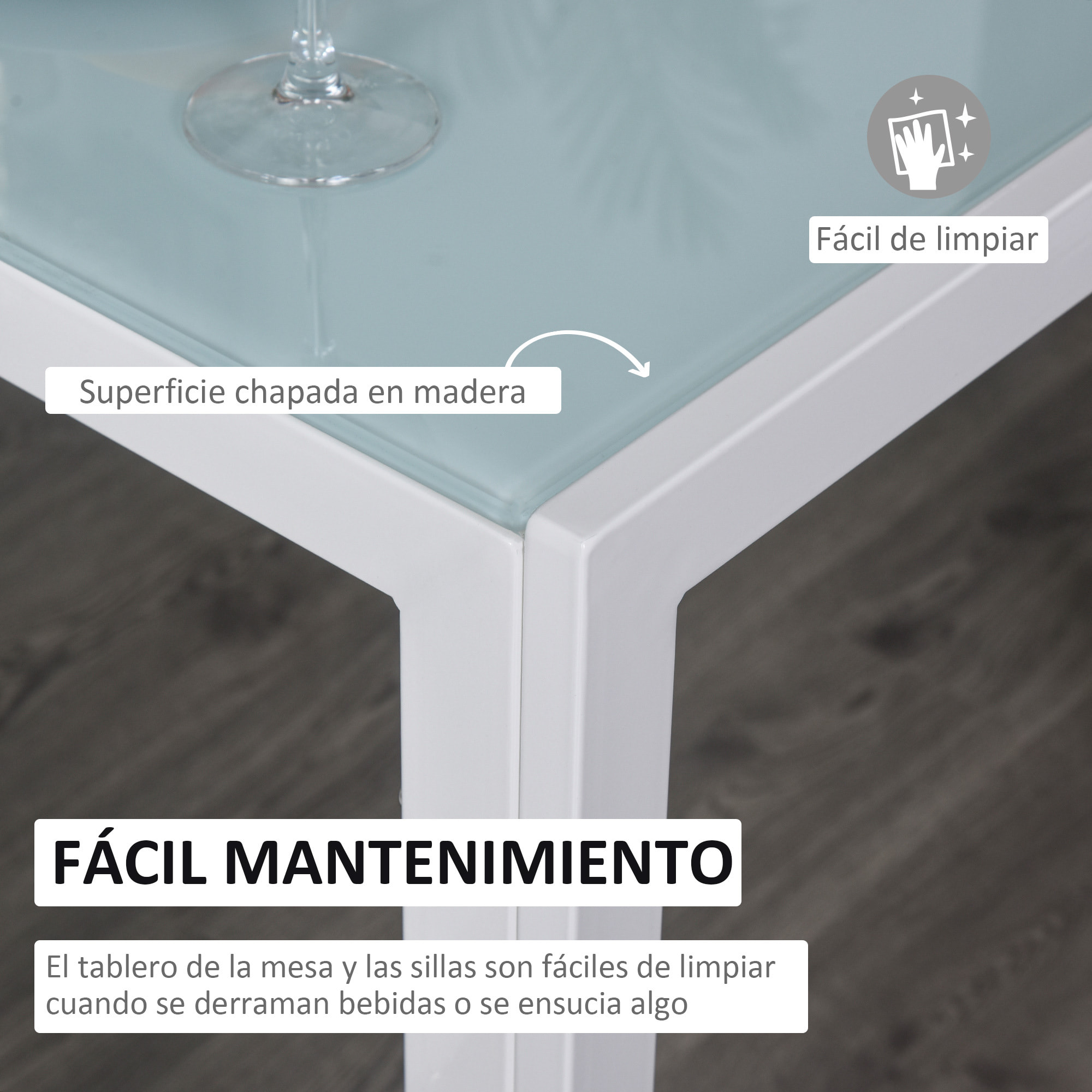 Conjunto de Comedor Mesa y 4 Sillas 5 Piezas Juego de Mueble de Cocina Mesa Rectangular de Vidrio Templado y Sillas Tapizadas en PU con Patas de Metal Blanco