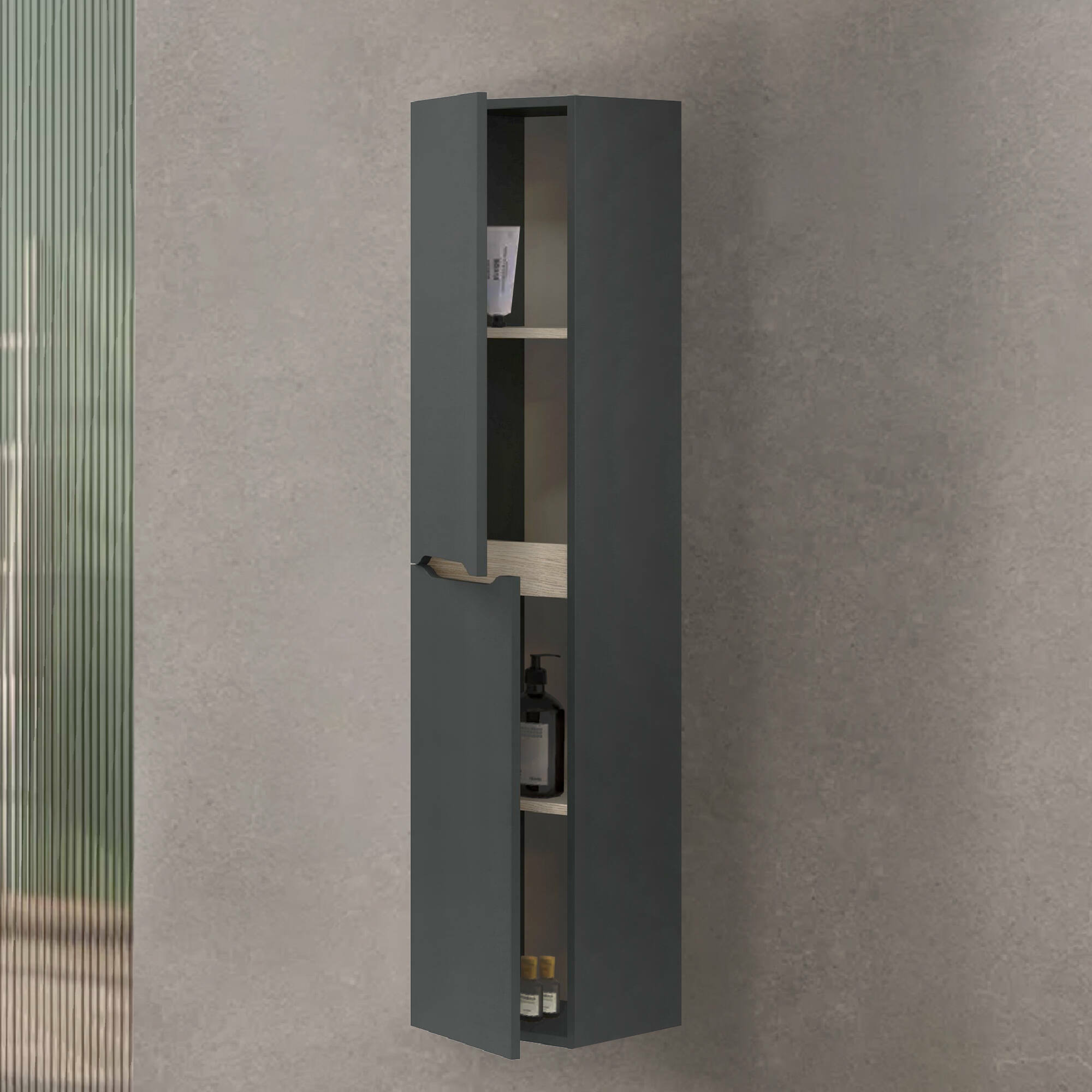 Mobile colonna Arissa, Pensile bagno sospeso a 2 ante, Armadio alto, 31x26h135 cm, Antracite e Rovere