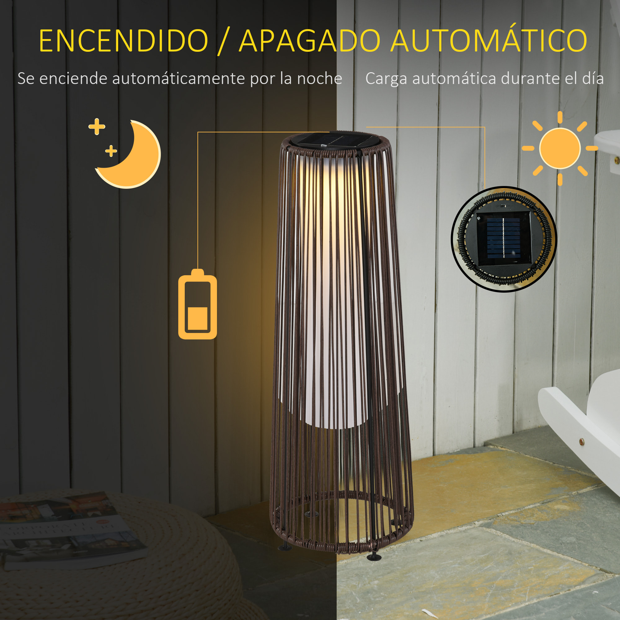 Lámpara de Pie de Mimbre Ratán de Energía Solar con LED 0,8 W Interruptor de Control de Luz Automático Decoración para Exterior Ø21,5x61 cm Marrón