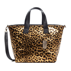 Cassandra borsa tote donna. Pelle autentica Camoscio, stampa animale leopardo, lucido verniciato.