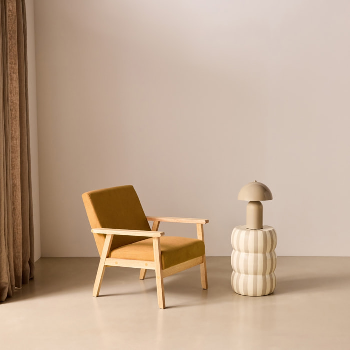 Fauteuil scandinave bois de peuplier, d'hévéa et velours côtelé ISAK