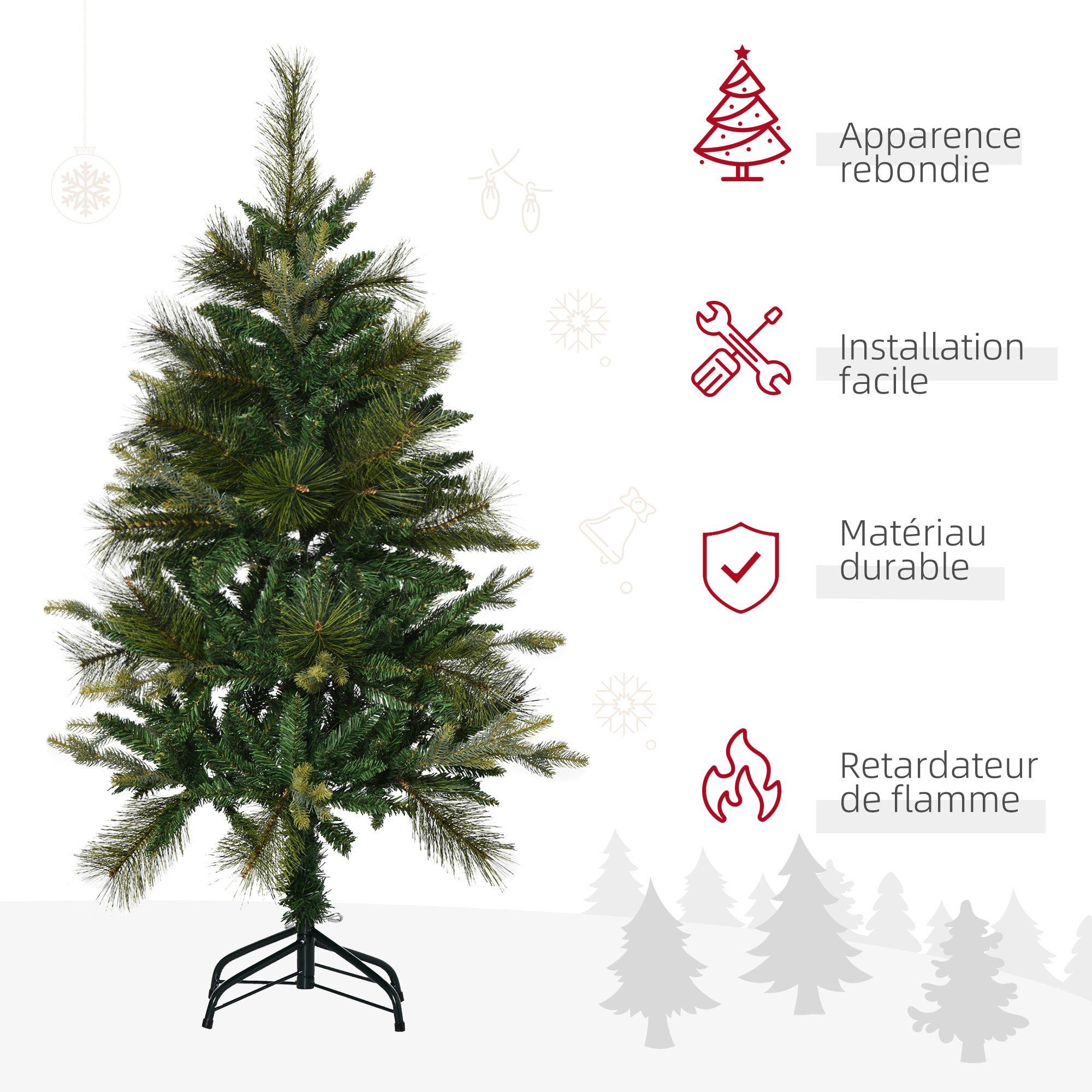 Sapin de Noël artificiel Ø 61 x 120H cm pied support inclus 260 branches épines grand réalisme vert