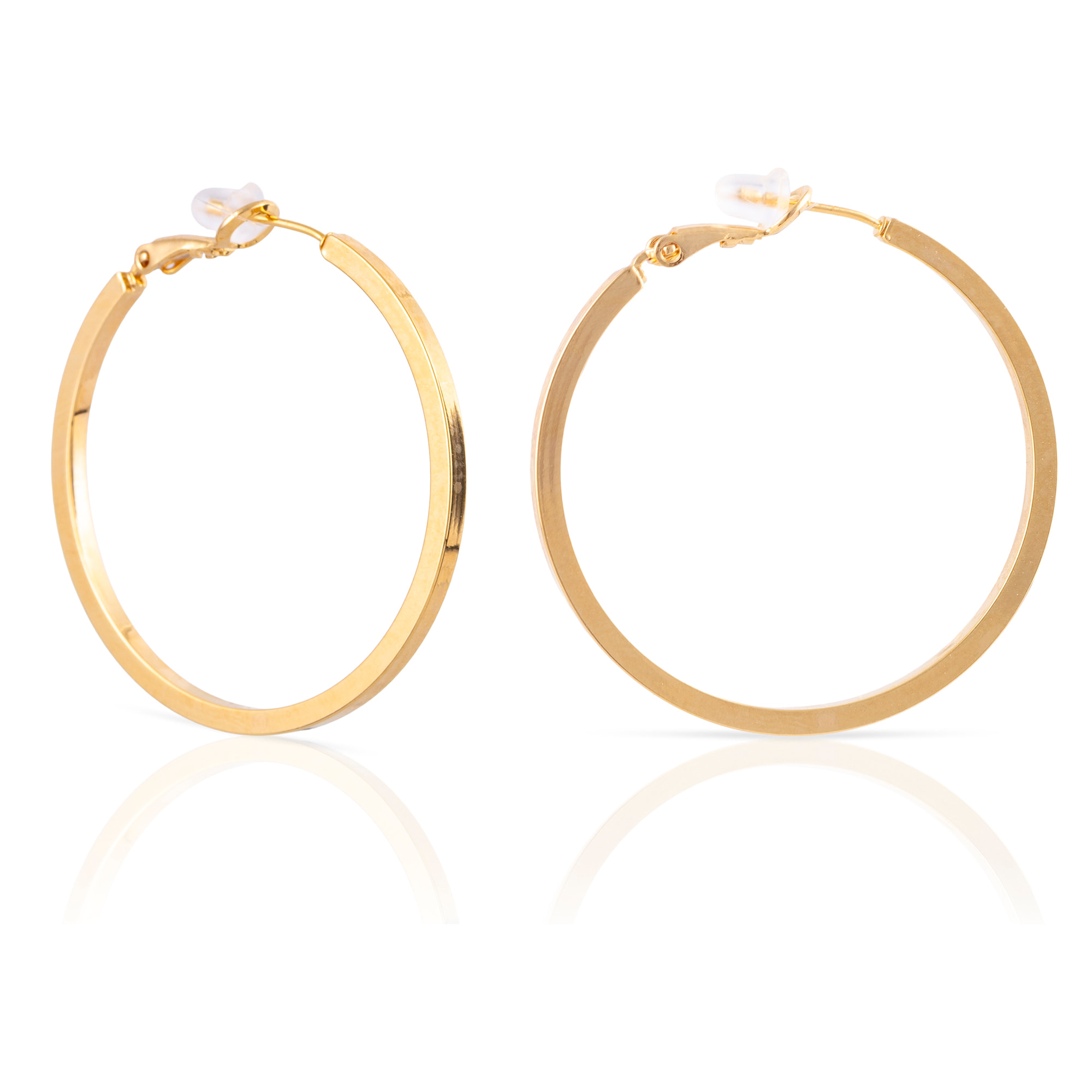 Pendientes de aro plano de cobre con baño de oro auténtico, 40 mm, cierre catalán de plata de ley 925 con acabado dorado electroplateado.