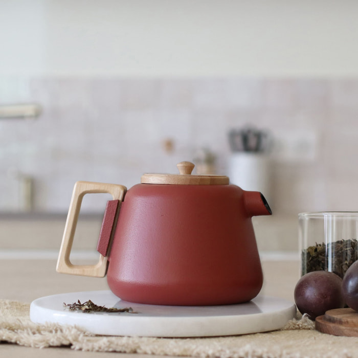Théière en fonte rouge avec couvercle en bois 500ml VIGGO