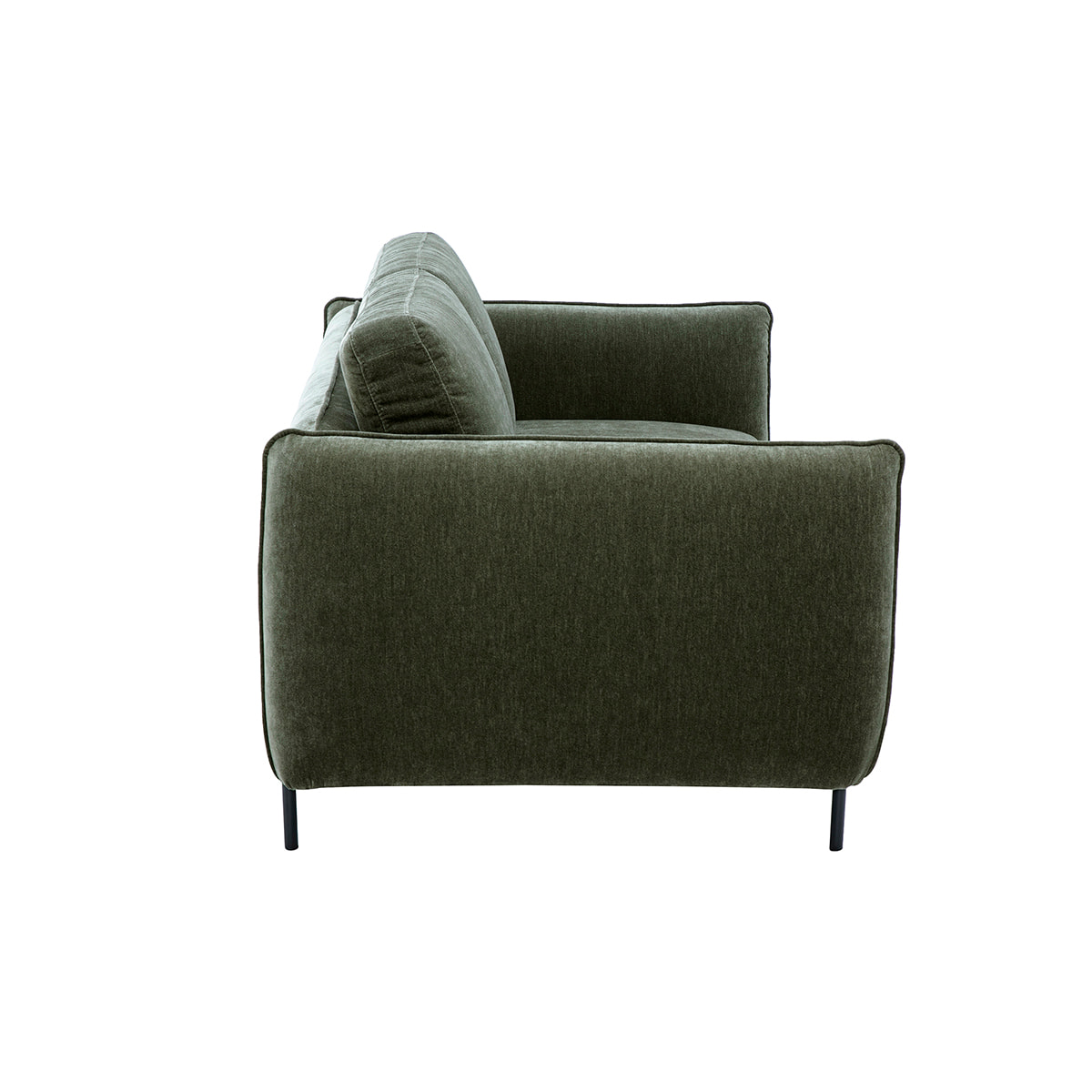 Canapé design 3 places en tissu effet velours vert kaki et métal noir TODD