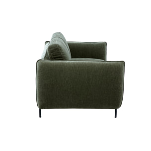 Canapé design 3 places en tissu effet velours vert kaki et métal noir TODD