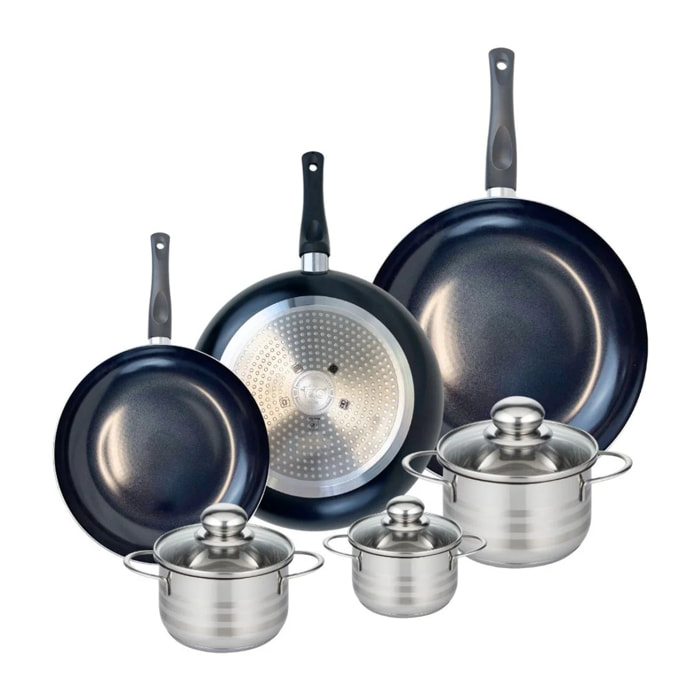 Ensemble de 3 Poêles de cuisson 24, 28 et 32 cm et 3 faitouts 12, 14 et 16 cm Elo Prima Brillant