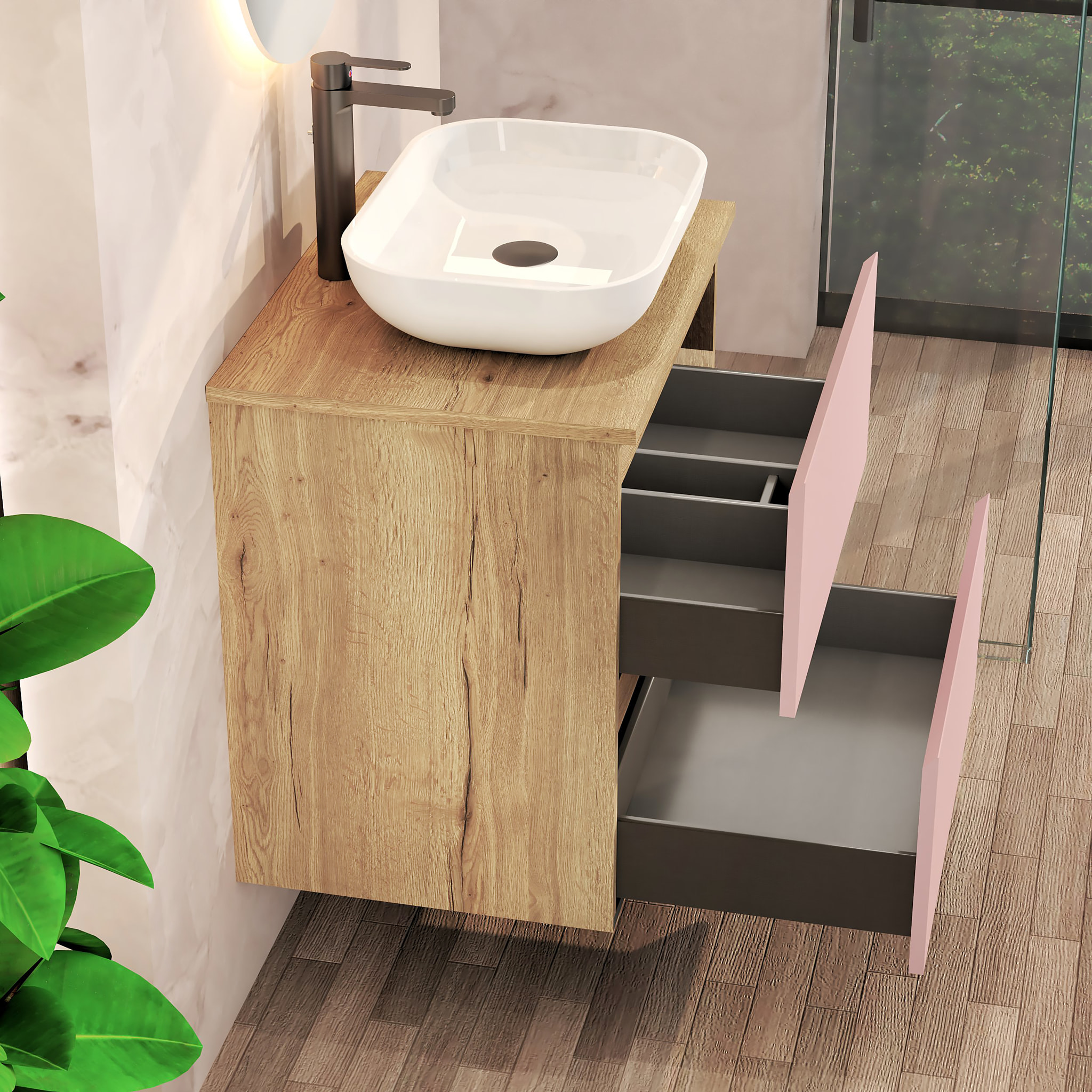 Conjunto de Baño Nia | Mueble Suspendido | 60 cm Rosa | Dos Cajones | Lavabo Sobrepuesto | No incluye Espejo | Mueble Montado| Alday