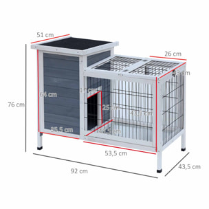 Clapier sur pieds cage à lapin avec niche intérieure plateau excrément coulissant porte supérieure 92L x 51l x 76H cm gris blanc