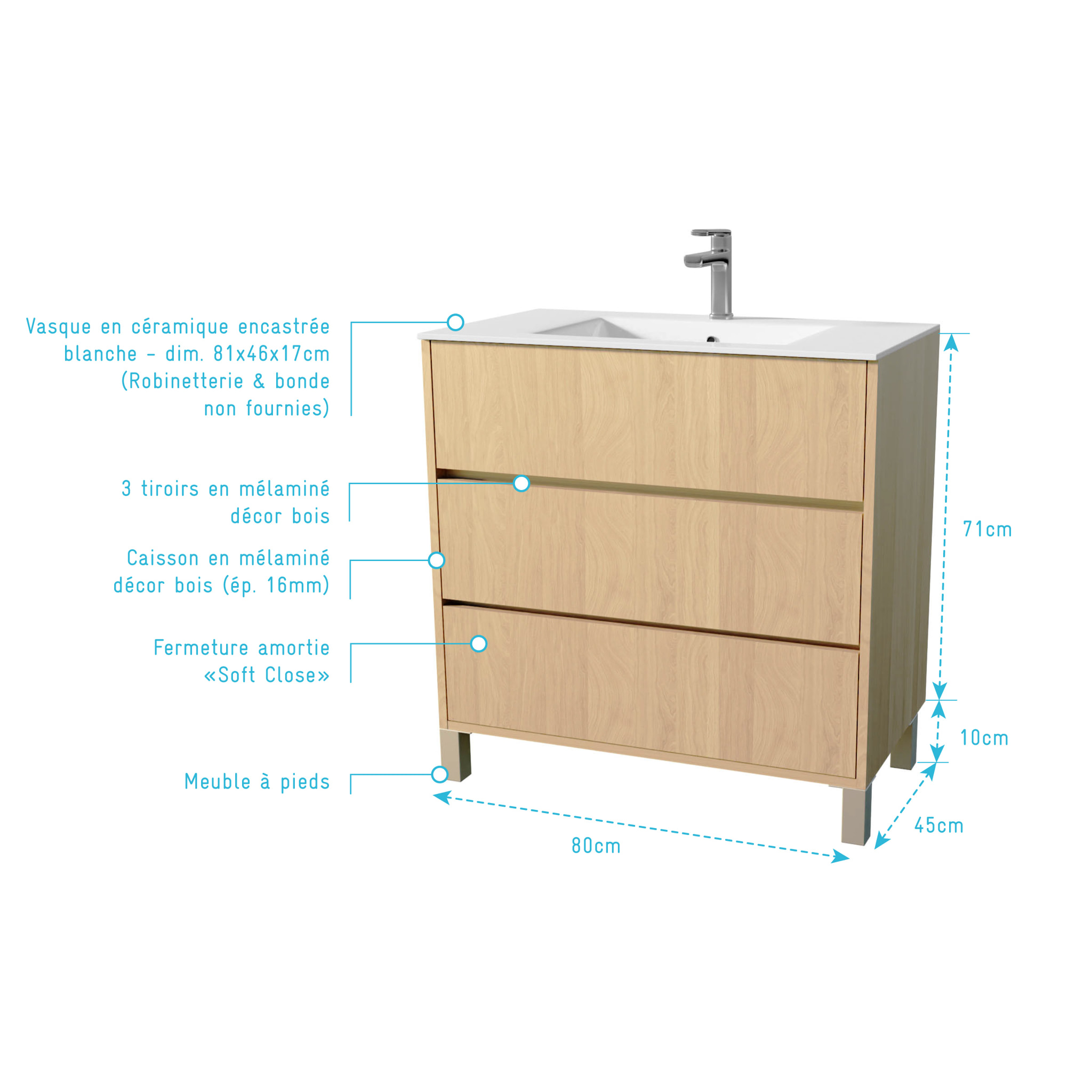 Pack Meuble Salle de Bains 80 cm Chêne Clair, 3 tiroirs avec Vasque Céramique - XENOS