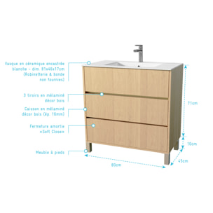 Pack Meuble Salle de Bains 80 cm Chêne Clair, 3 tiroirs avec Vasque Céramique - XENOS