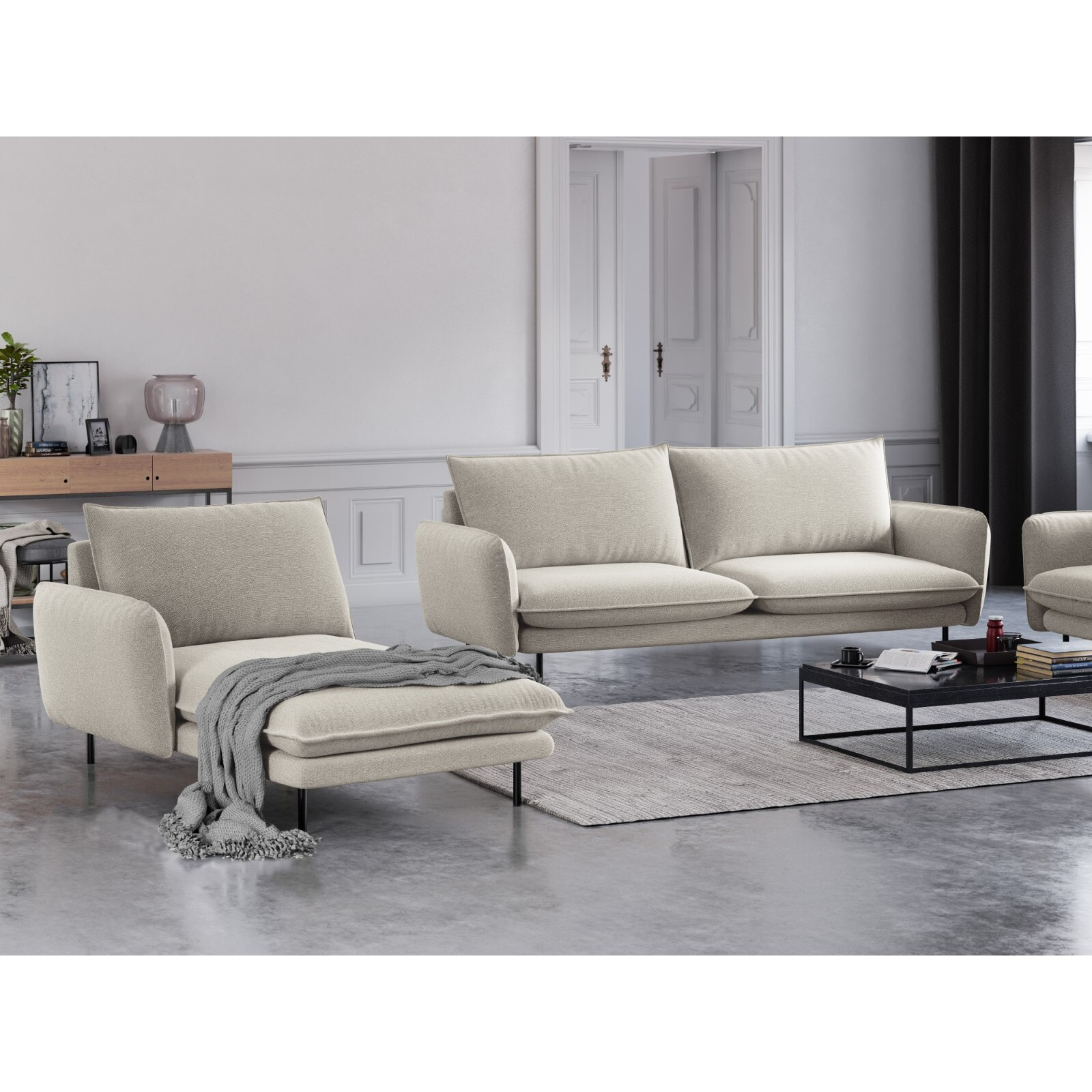 Méridienne gauche "Vienna" en tissu structurel beige clair