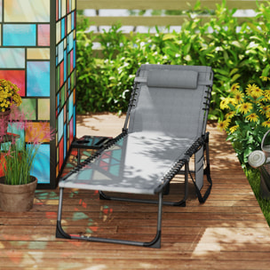 Tumbona Plegable, Tumbona Jardín Exterior con Respaldo Ajustable, Reposacabezas, Bolsillo Lateral, Bandeja y Estructura de Acero, Carga 120 kg para Terraza Piscina Playa, 190x60x31 cm, Gris