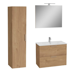 Set Mia ensemble meuble 79x61x39,5 cm avec miroir, lavabo et éclairage LED + armoire 145x35x35 cm, Chêne