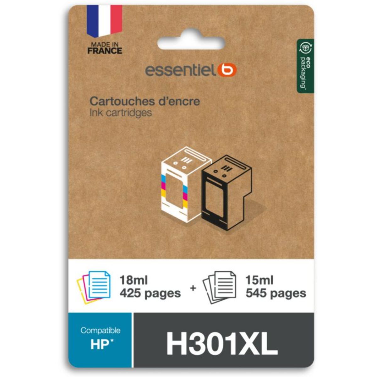 Cartouche ESSENTIELB Pack Compatible H301 XL (Noir + 3 Couleurs Haute Capacité)