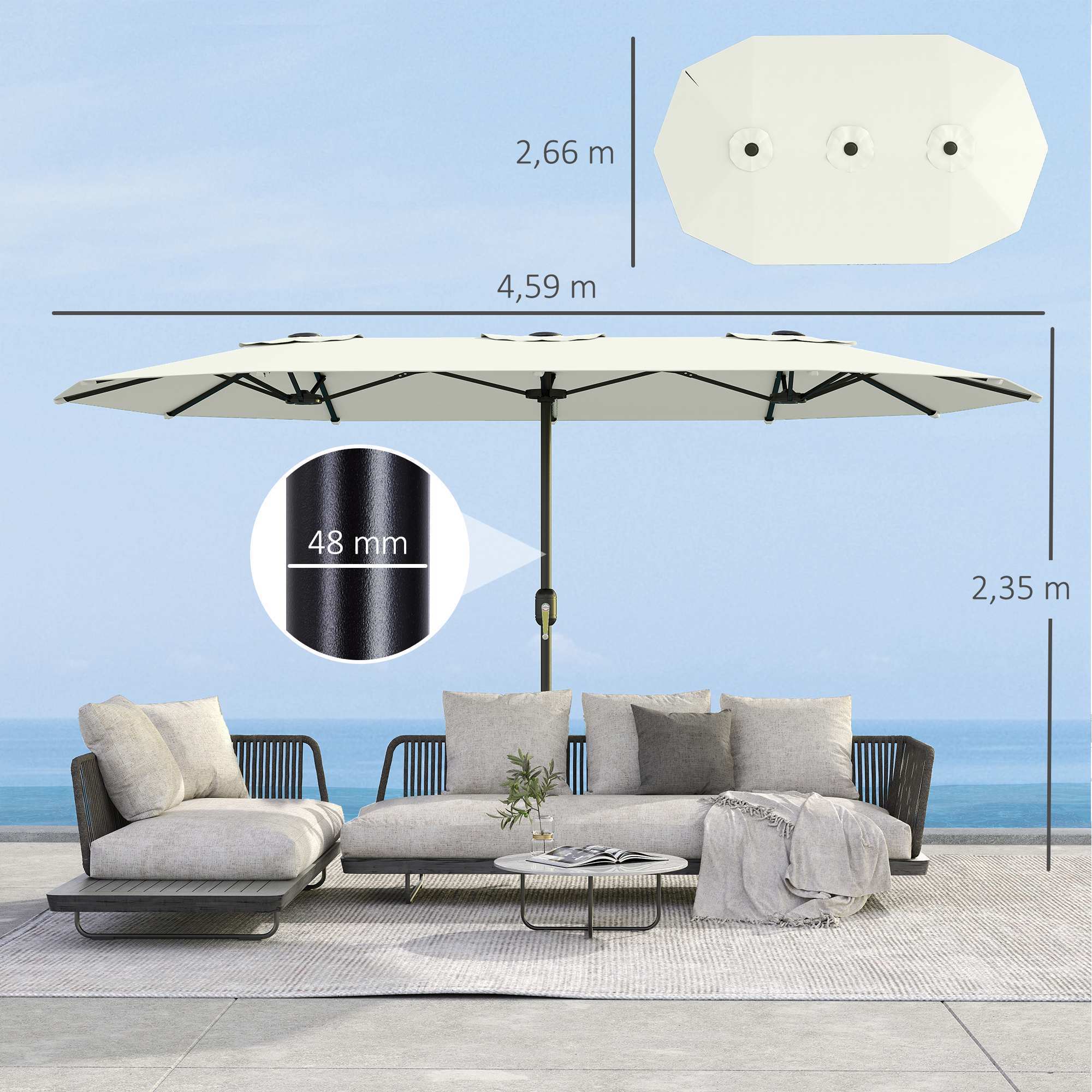 Sombrilla Doble 4,6x2,6 m, Sombrilla Terraza Exterior con Manivela Manual, Protección UV50+, Funda Protectora, Resistente al Agua, Parasol para Jardín, Terraza, Patio, Blanco Crema