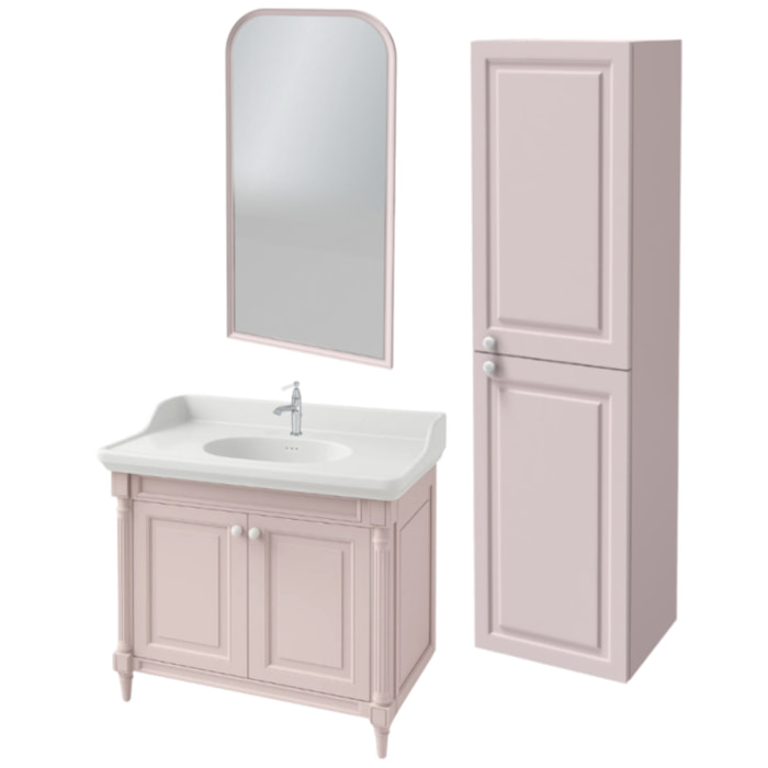 Pack meuble vasque Cléo 1889 rose velours + colonne droite + miroir + mitigeur chrome