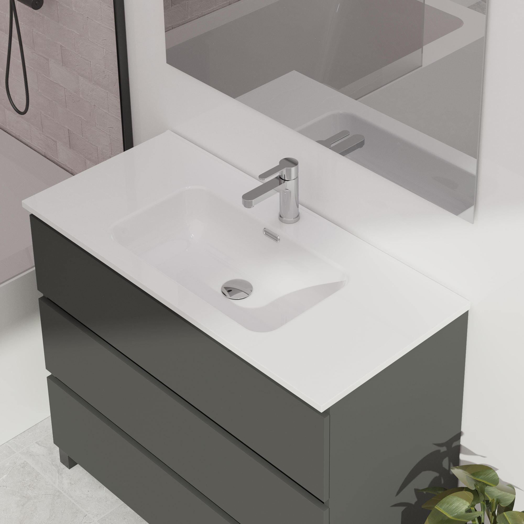 Conjunto de baño Wink | 100 cm Gris Mate | Tres cajones | Lavabo encastrado | No incluye espejo | Mueble montado | Alday