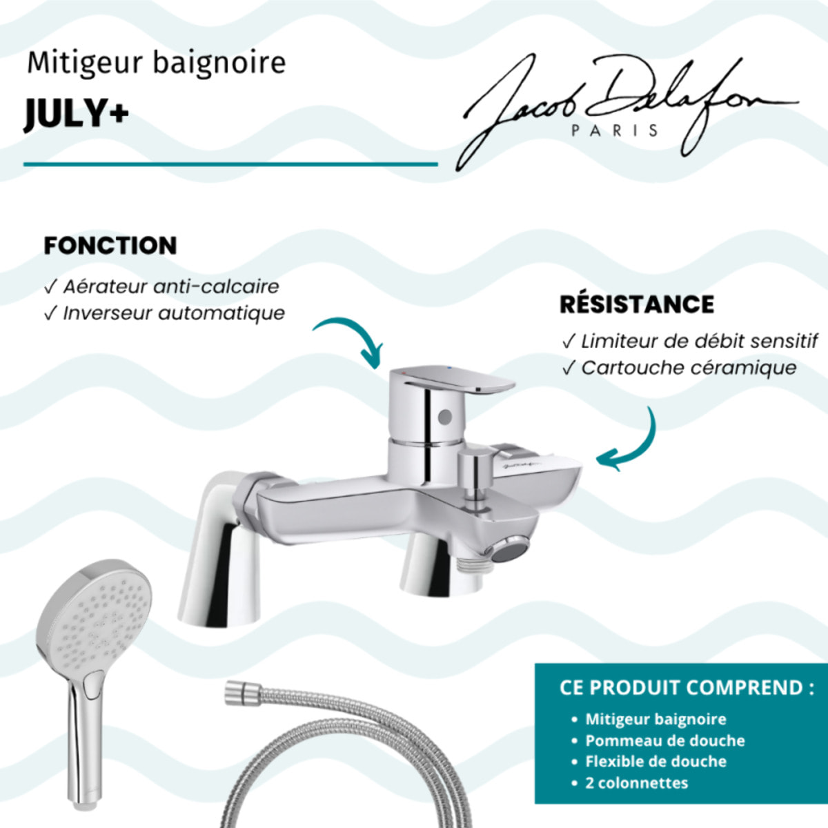 Mitigeur baignoire July+ + pommeau de douche Metro + flexible de douche métal + colonnettes