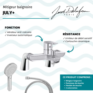 Mitigeur baignoire July+ + pommeau de douche Metro + flexible de douche métal + colonnettes