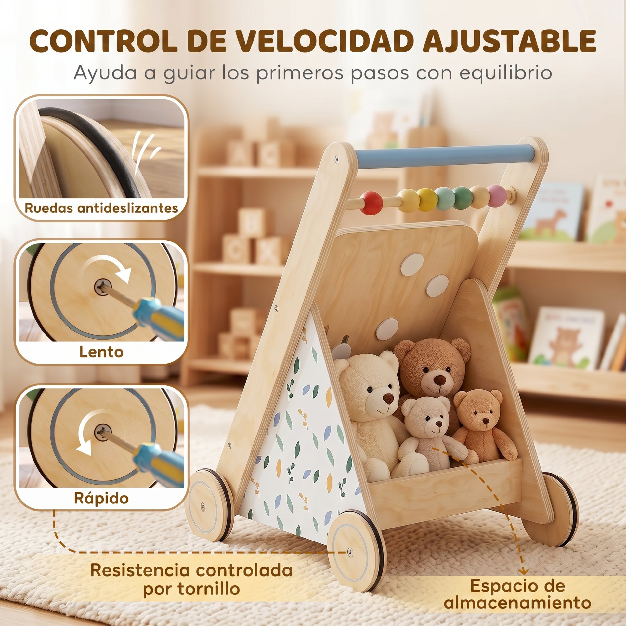 Andador Madera Bebé, Caminador Bebé con Juguetes Montessori, Centro de Actividades, Control de Velocidad, con 5 Bloques, Ruedas, Regalo para Niños de +18 Meses y Altura +75 cm Natural