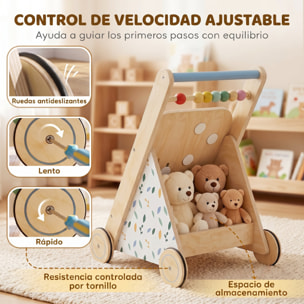Andador Madera Bebé, Caminador Bebé con Juguetes Montessori, Centro de Actividades, Control de Velocidad, con 5 Bloques, Ruedas, Regalo para Niños de +18 Meses y Altura +75 cm Natural