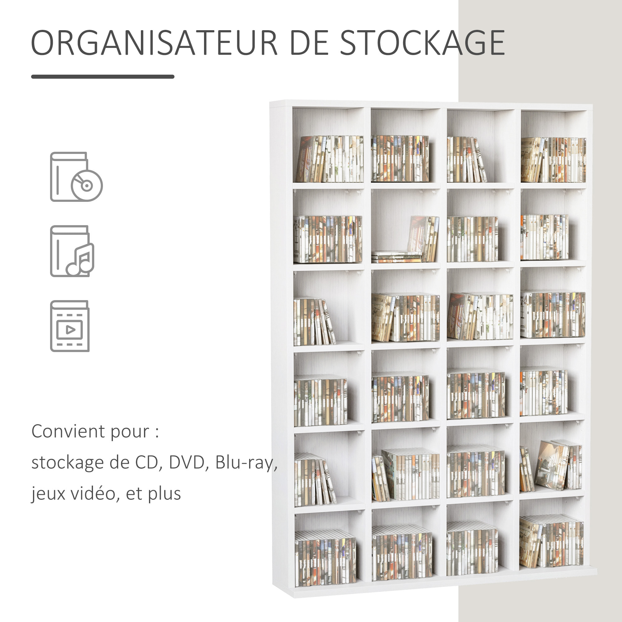 Étagère rangement CD/DVD meuble de rangement pour 480 CDs 24 compartiments réglables en hauteur 89 x 20 x 130 cm blanc