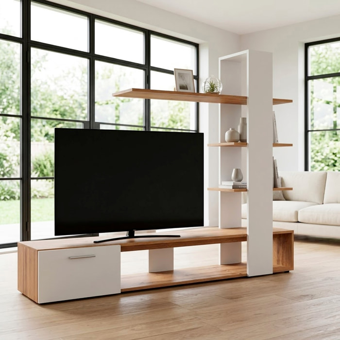 Parete Attrezzata Soggiorno Mobile Tv Ripiani Mensola Moderno Living Arredo Contemporaneo Contenitore Vani Salvaspazio 190x152x35 Cm Rovere E Bianco