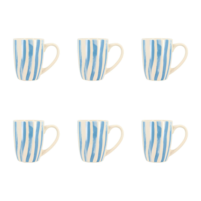 Lot de 6 mugs 38cl en grès blanc et rayures bleues CORFU