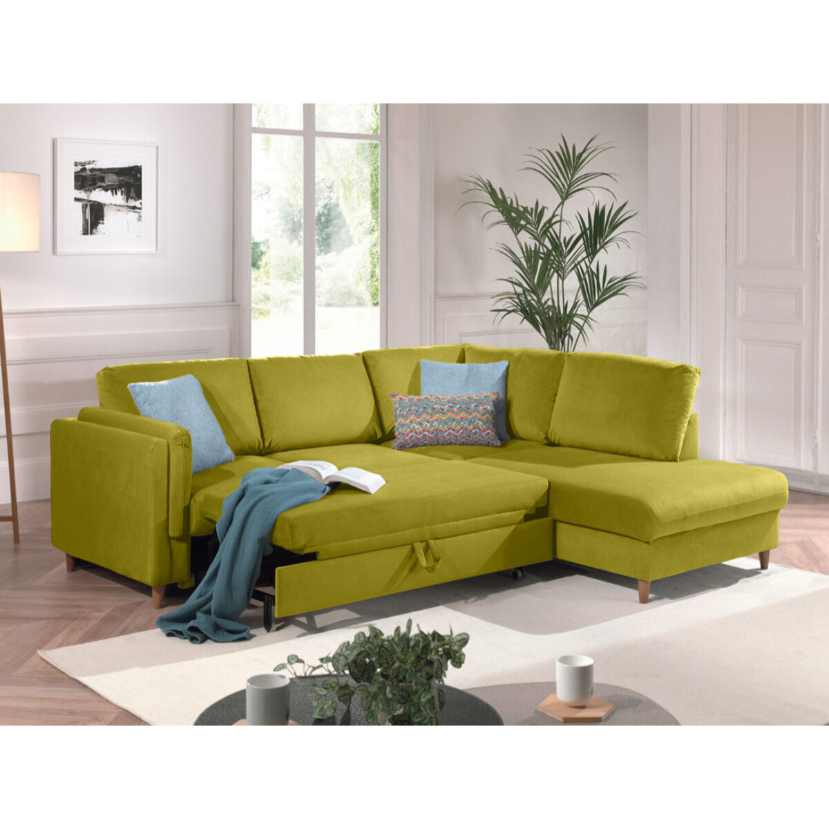 Brooke - canapé d'angle droit - convertible - 5 places - en velours - Vert Olive