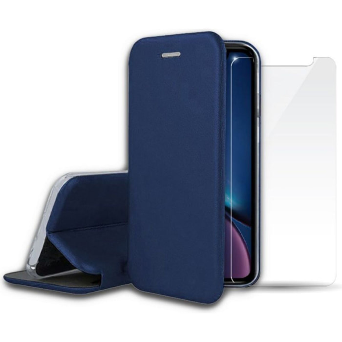 Pack IBROZ iPhone Xr cuir bleu + Verre trempé