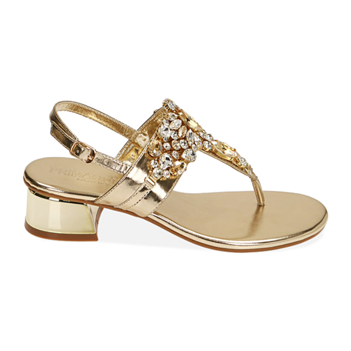 Sandalias planas laminadas en oro, tacón de 3,5 cm