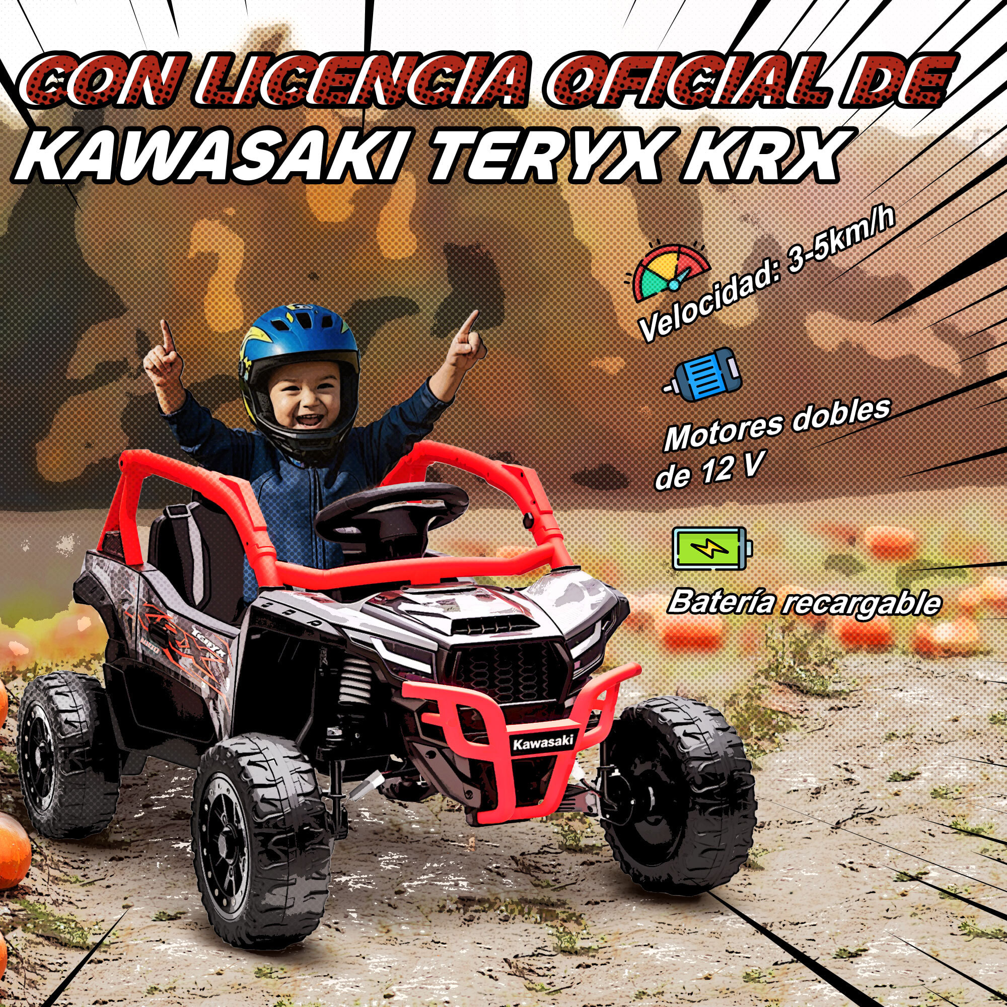 Coche Eléctrico para Niños 12V, Kawasaki Teryx KRX 1000, Coche de Batería UTV con 2 Motores, Control Remoto 2,4G, Suspensión Trasera, Faros, USB, para Niños de +3 Años, Rojo