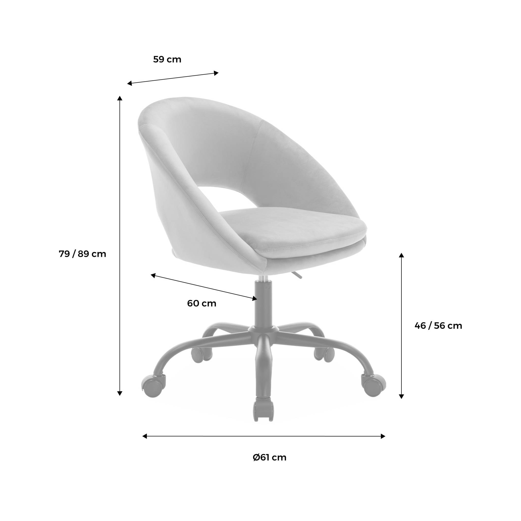 Chaise de bureau ronde à roulettes en velours blanc cassé. Pam. L 59 x P 60 x H 79 / 89cm
