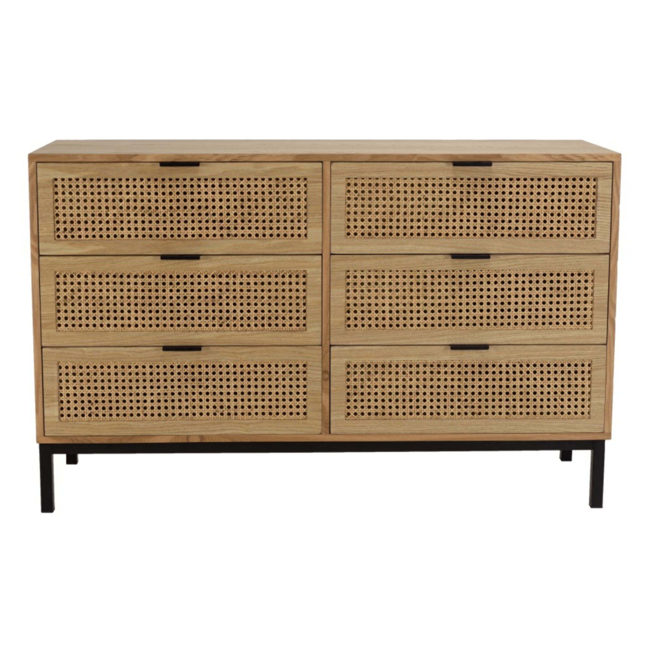 MARCEAU - Commode 6 tiroirs cannage naturel pieds métal noir