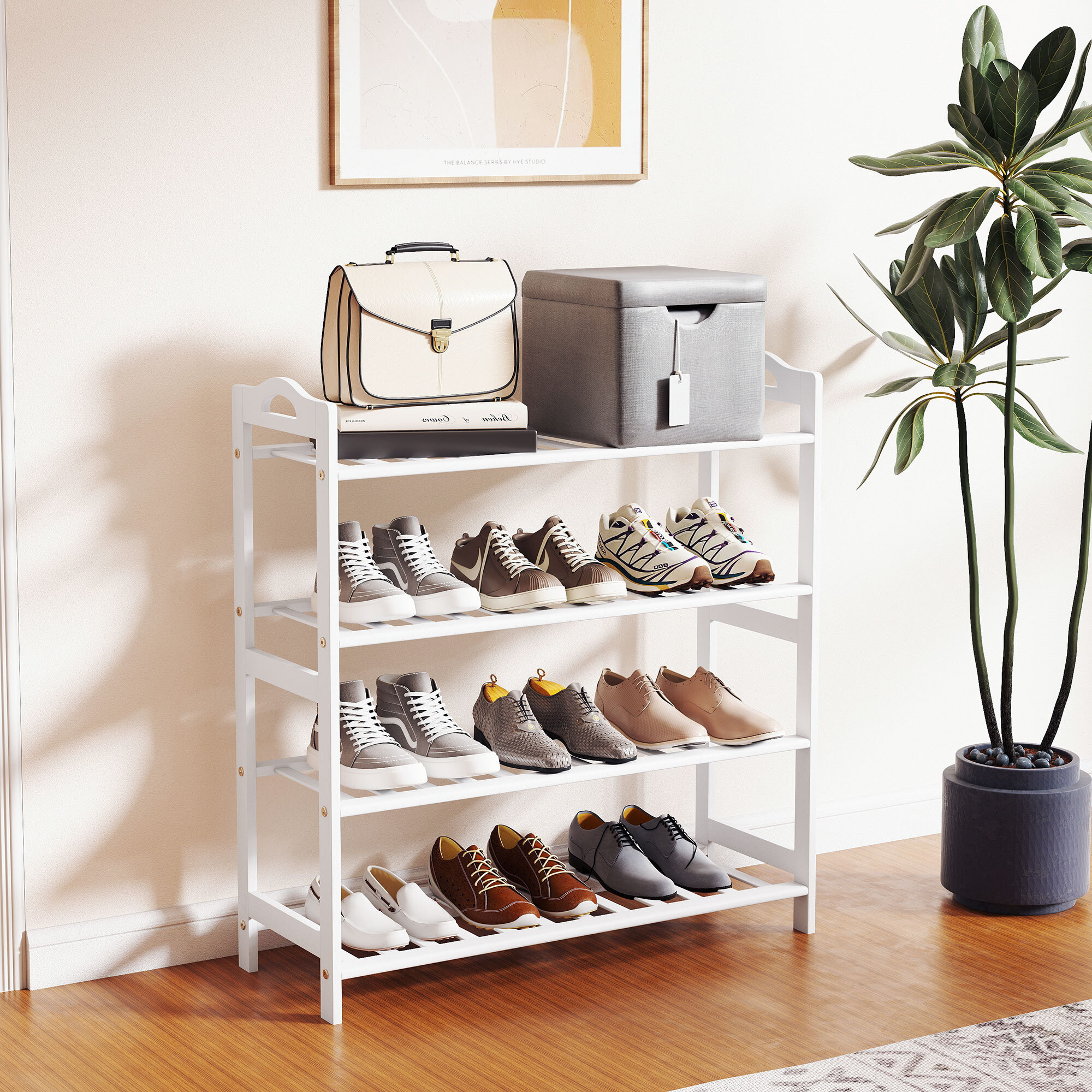 Zapatero de 4 Niveles Estantería para Zapatos de Bambú para 12 Pares de Zapatos para Entrada Pasillo Dormitorio 67,5x24,7x72 cm Blanco