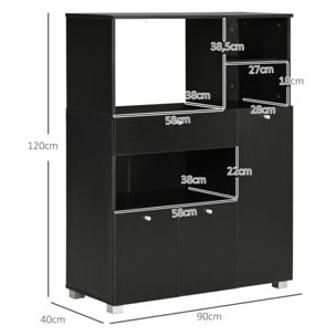 Mueble Auxiliar de Cocina Mueble para Microondas Aparador de Cocina con Cajón Estantes 3 Puertas 3 Compartimientos Diseño Anti-vuelco para Comedor 90x40x120 cm Negro