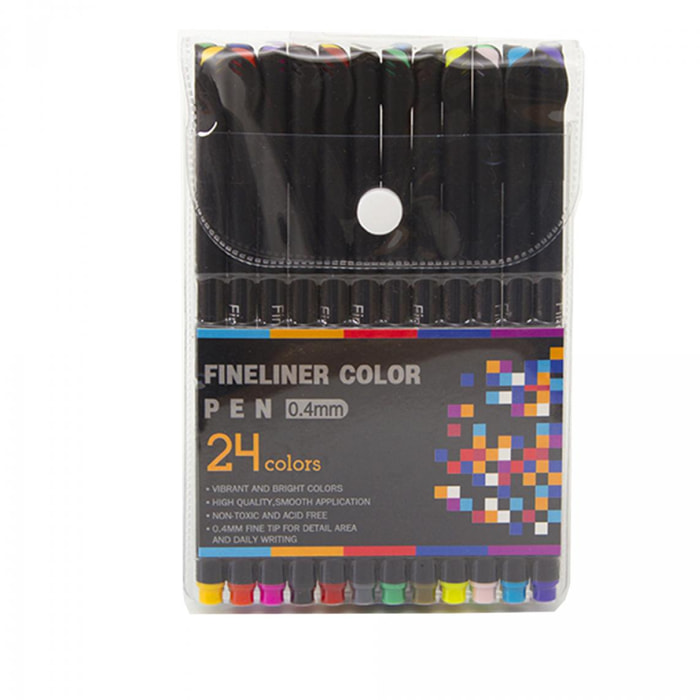 Set di 24 penne professionali COLOR FINELINER punta fine 0,4 mm. Colori definiti e brillanti per contorni, illustrazioni, mandala...