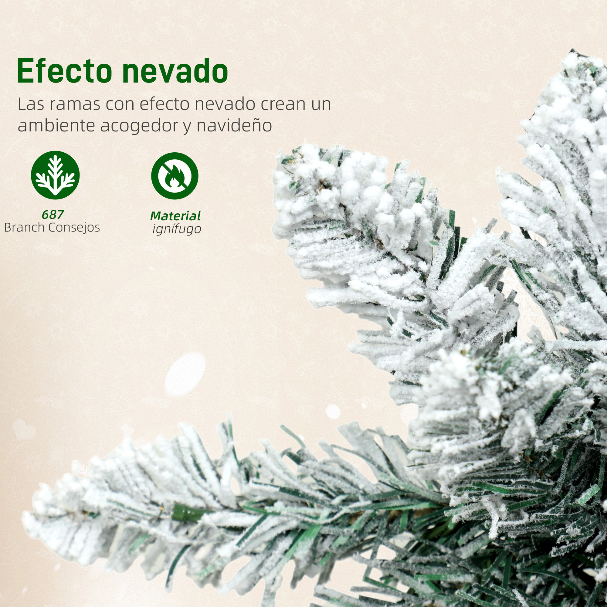 Árbol de Navidad Estrecho 210 cm, Árbol de Navidad Nevado con Luces LED Bicolores, 11 Modos de Iluminación, 687 Ramas, Soporte Metálico, Fácil de Montar, Verde