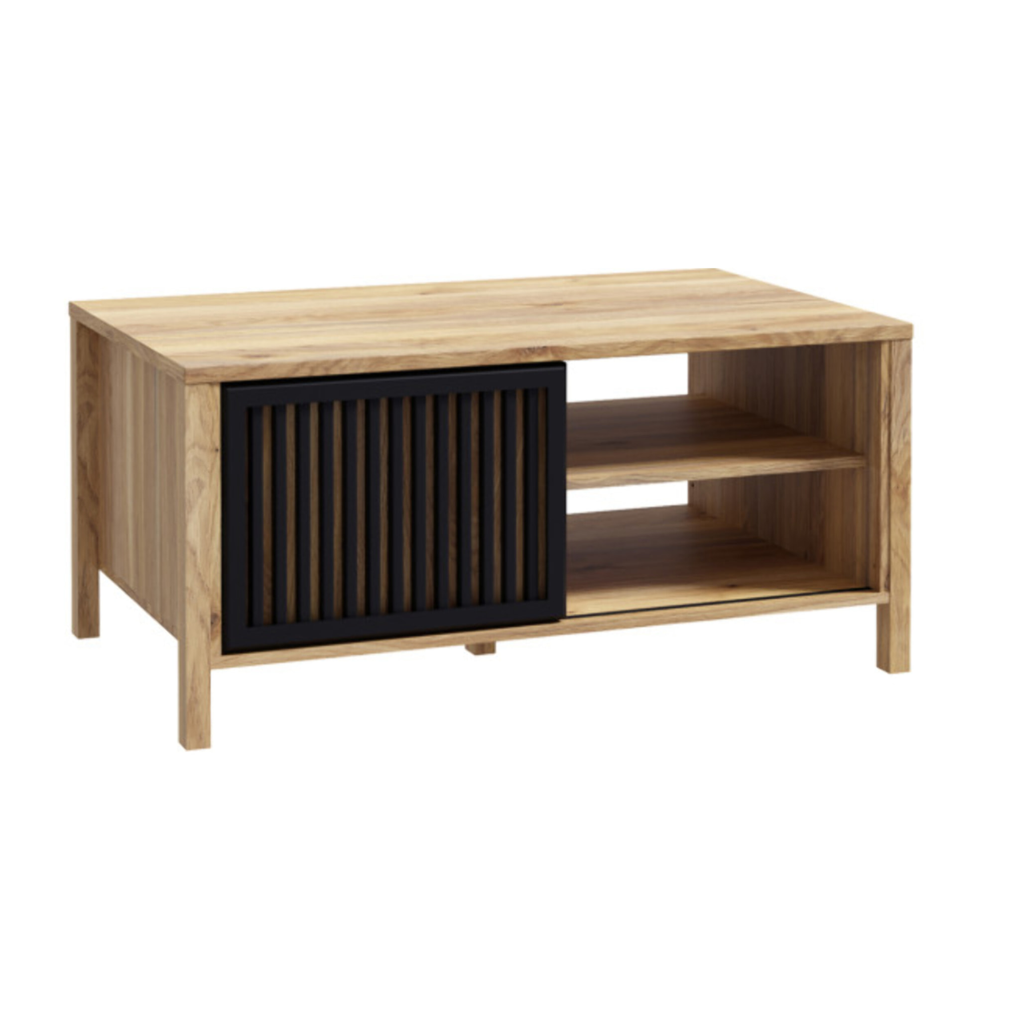 Table basse L106 cm 3 niches 1 porte décor bois chêne et noir - BOSTON