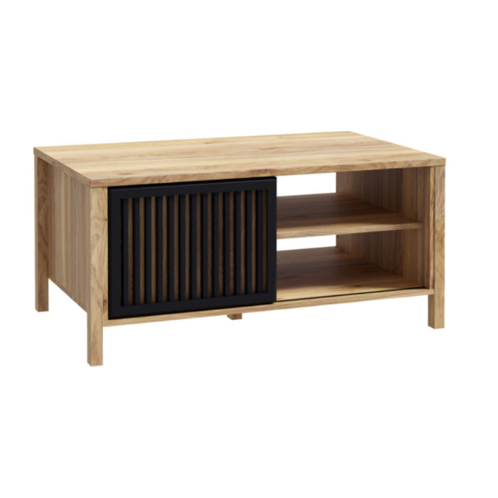 Table basse L106 cm 3 niches 1 porte décor bois chêne et noir - BOSTON