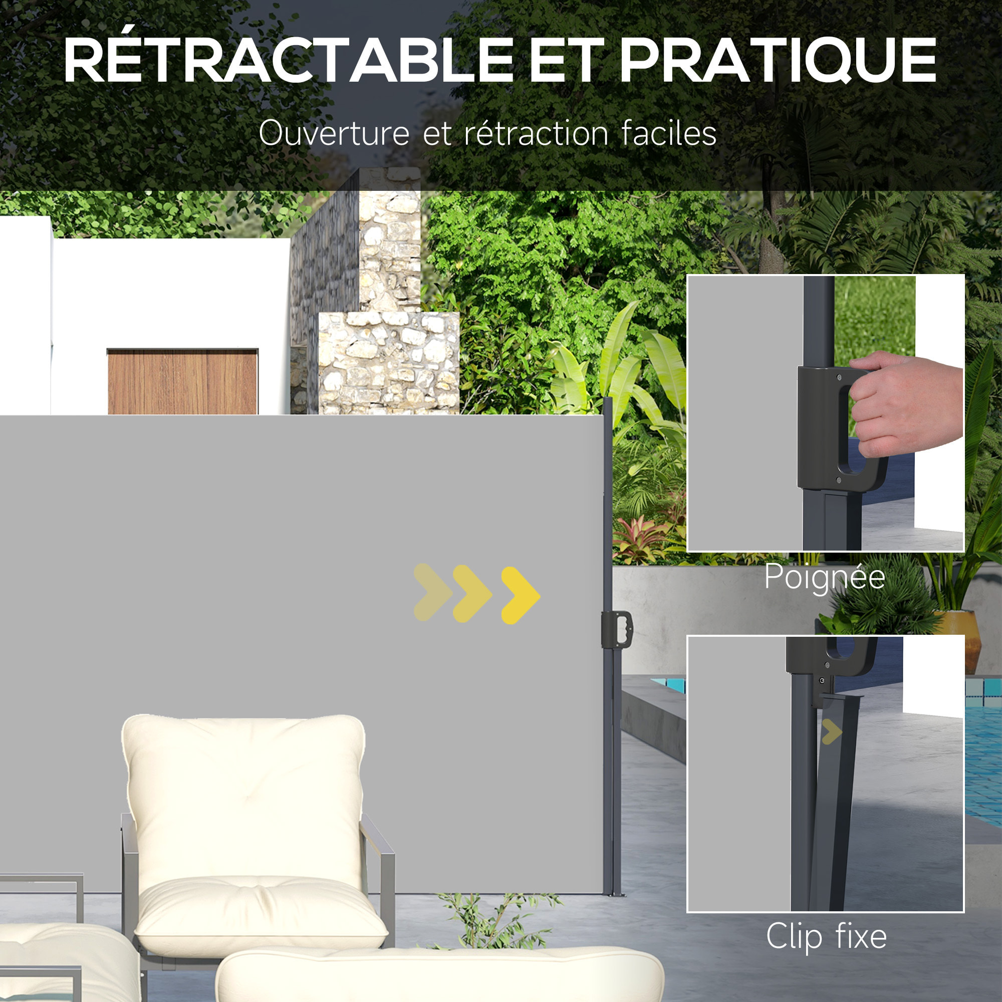 Store latéral brise-vue paravent rétractable de jardin dim. 3 x 2 m alu. polyester gris clair