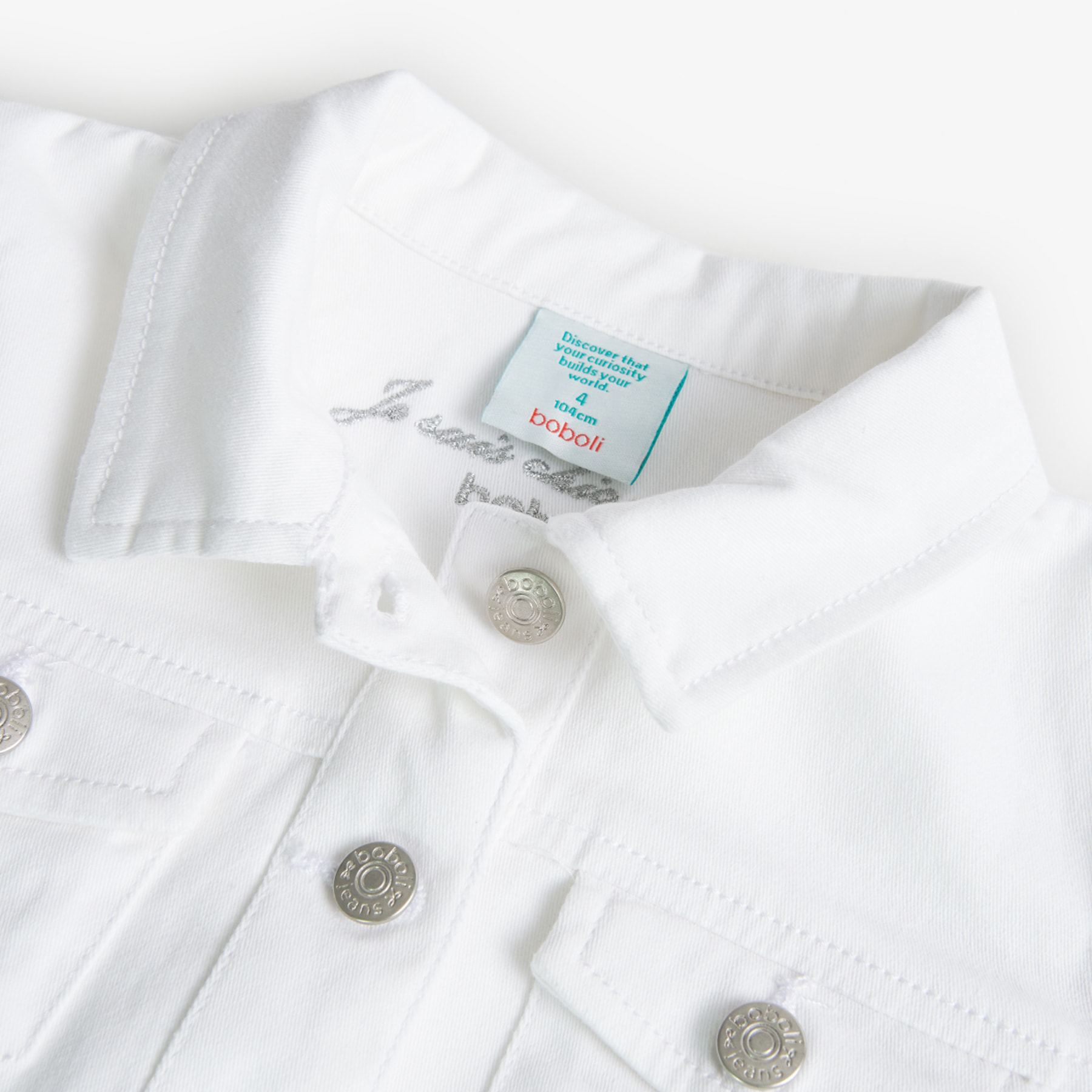 Cazadora denim elástica niña, estampado, botón, blanco
