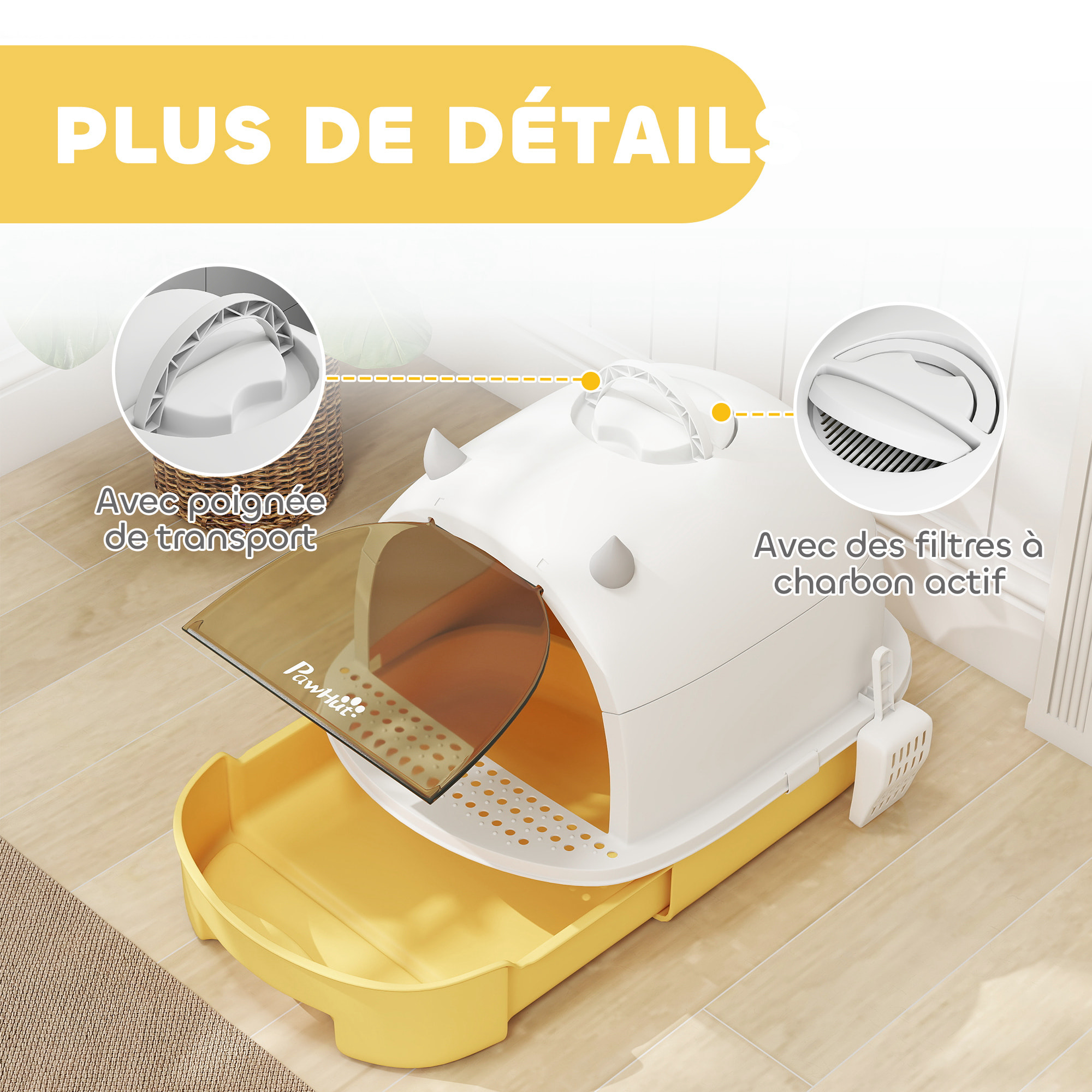 Maison de toilette chat design - porte fumée, pelle, 2 sacs désodorisation, tiroir litière coulissant, poignée - blanc jaune