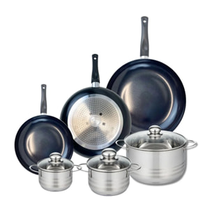 Ensemble de 3 Poêles de cuisson 20, 24 et 28 cm et 3 faitouts 12, 14 et 20 cm Elo Prima Brillant