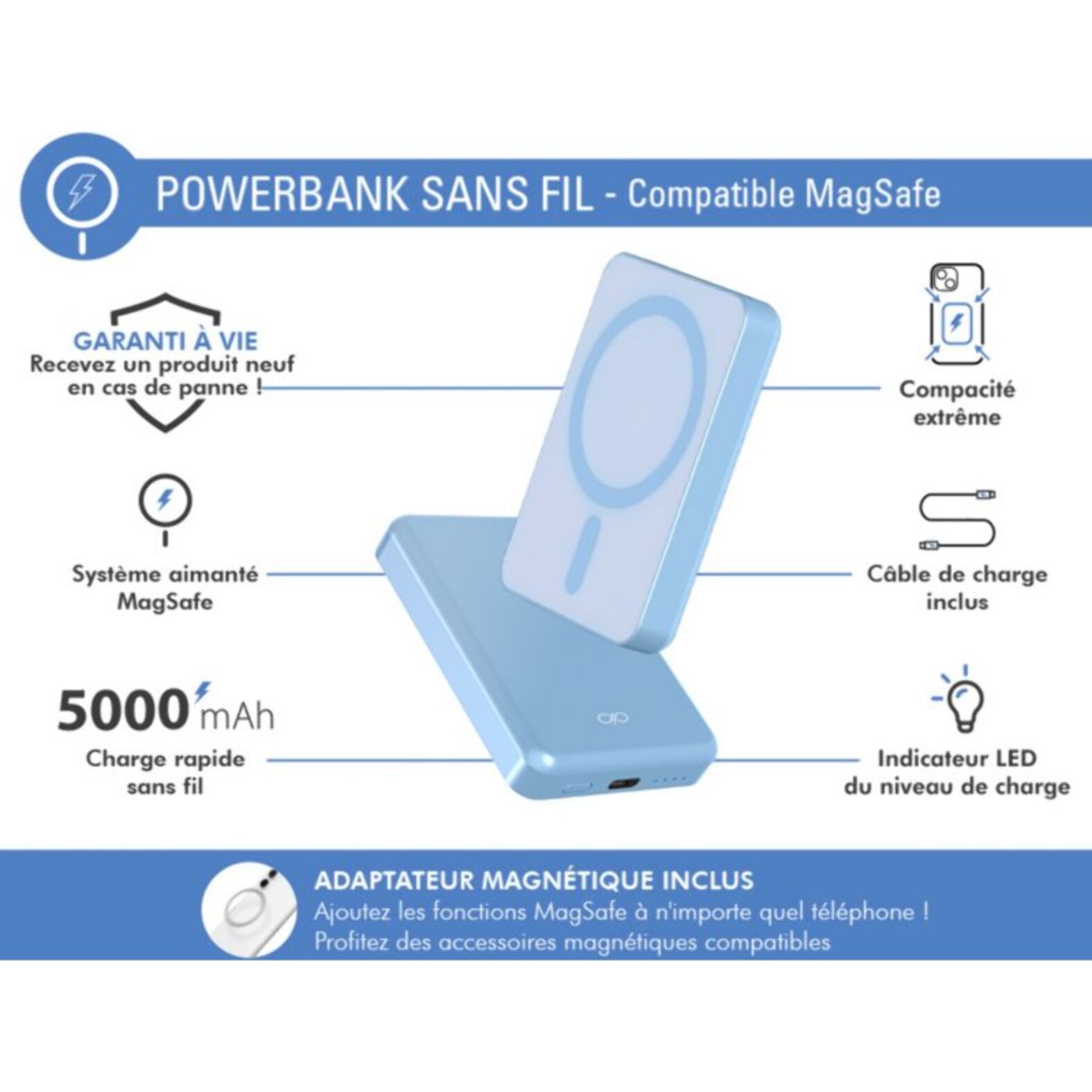 Batterie externe FORCE POWER 5000 mAh USB C 15W Mini magnet bleu