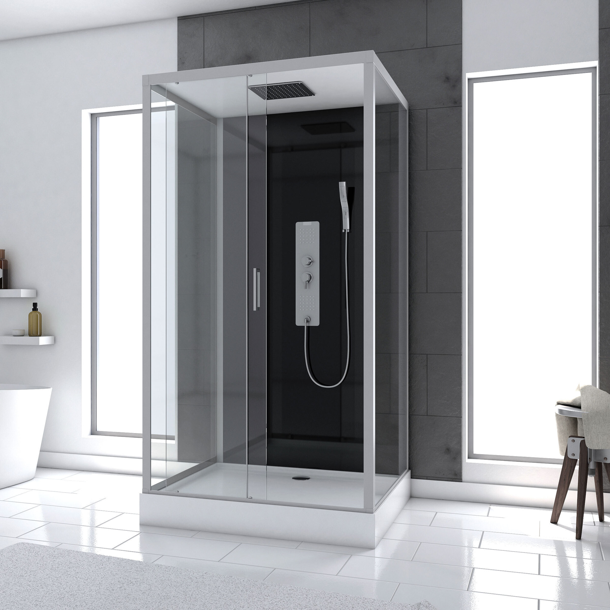 Cabine de douche Hydromassante 110x80x215 cm - Fond Noir et Profilés Gris - BLACK STYLE