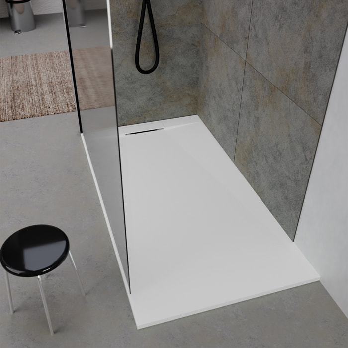 Receveur 160x80x3cm Extra-plat en Polybéton Blanc Mat Effet Pierre - Redécoupable - LIANA